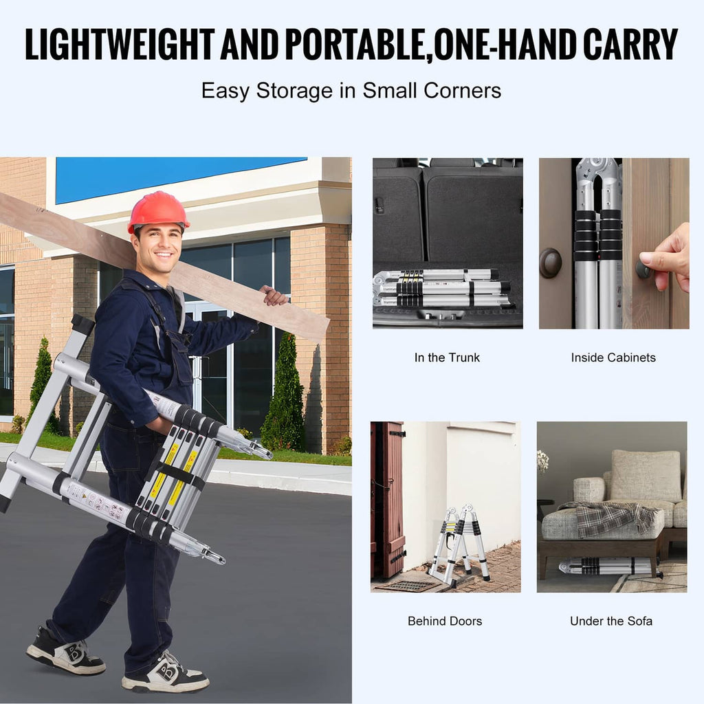 Portable aluminum A-frame ladder with carry-friendly design and black base pads
