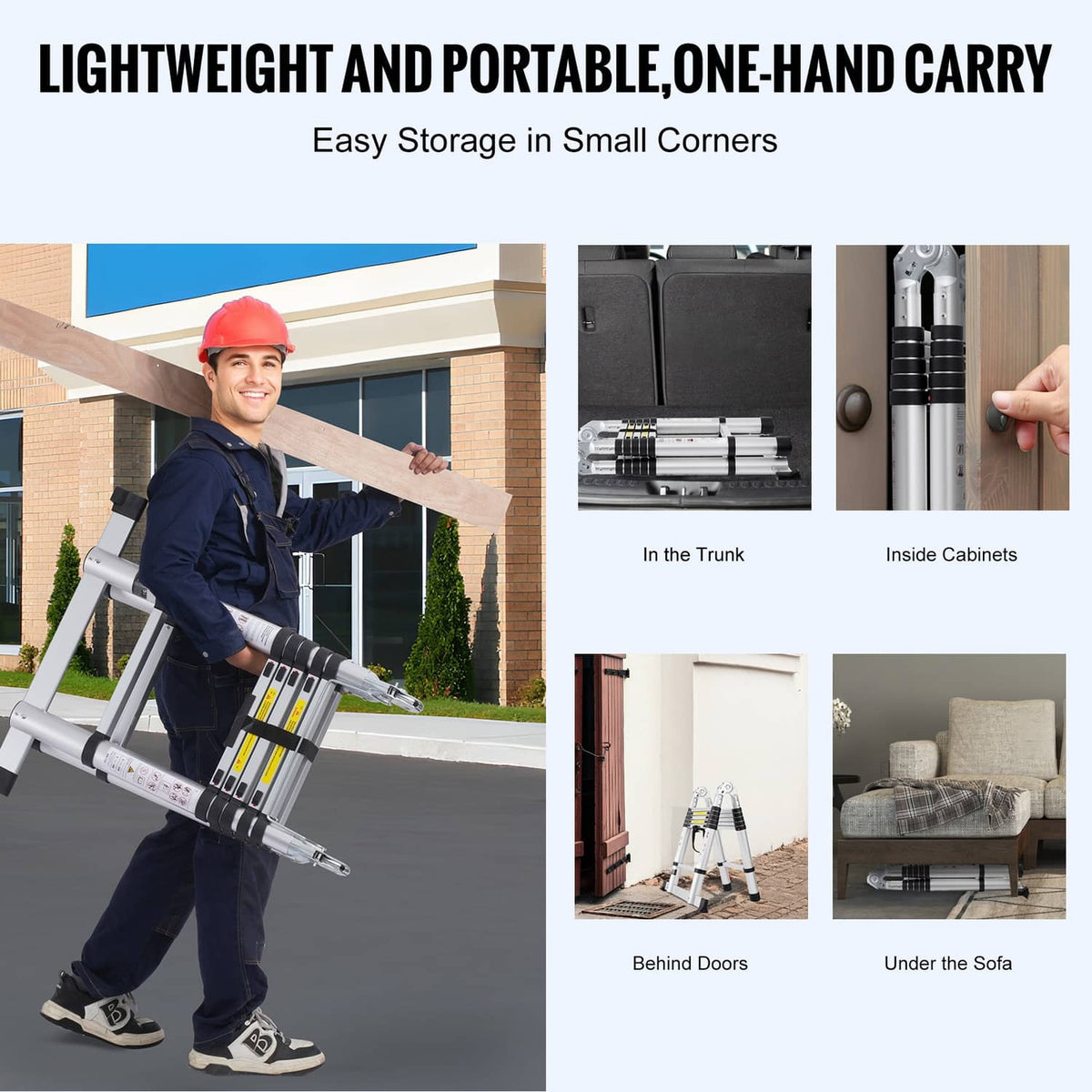 Portable aluminum A-frame ladder with carry-friendly design and black base pads