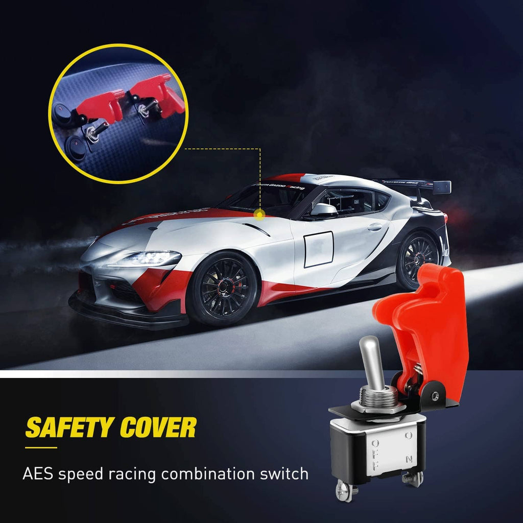 Red rocker toggle switch with safety cover and silver lever, shown with vehicle