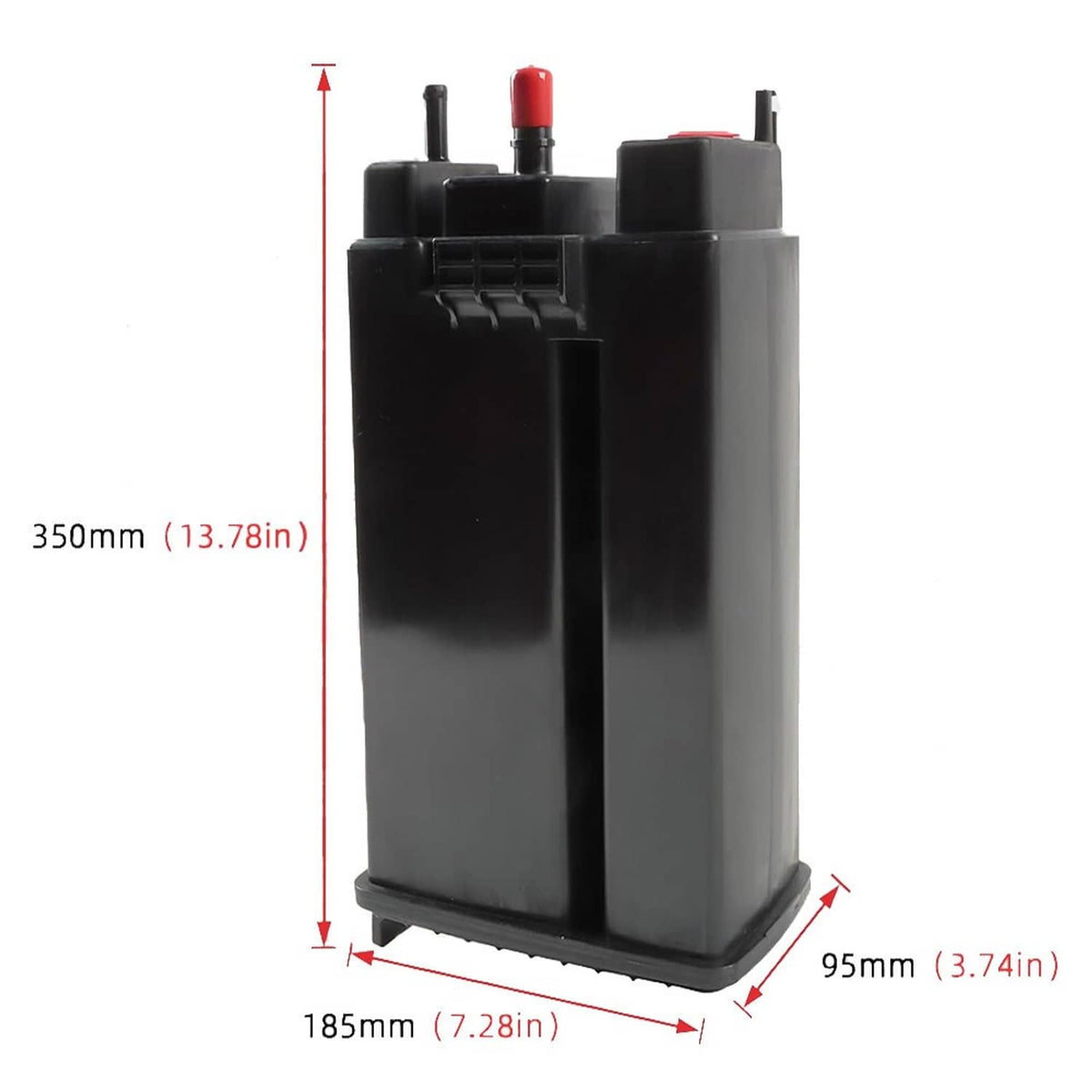 Rectangular black fuel vapor canister with red-topped vent and sensor ports