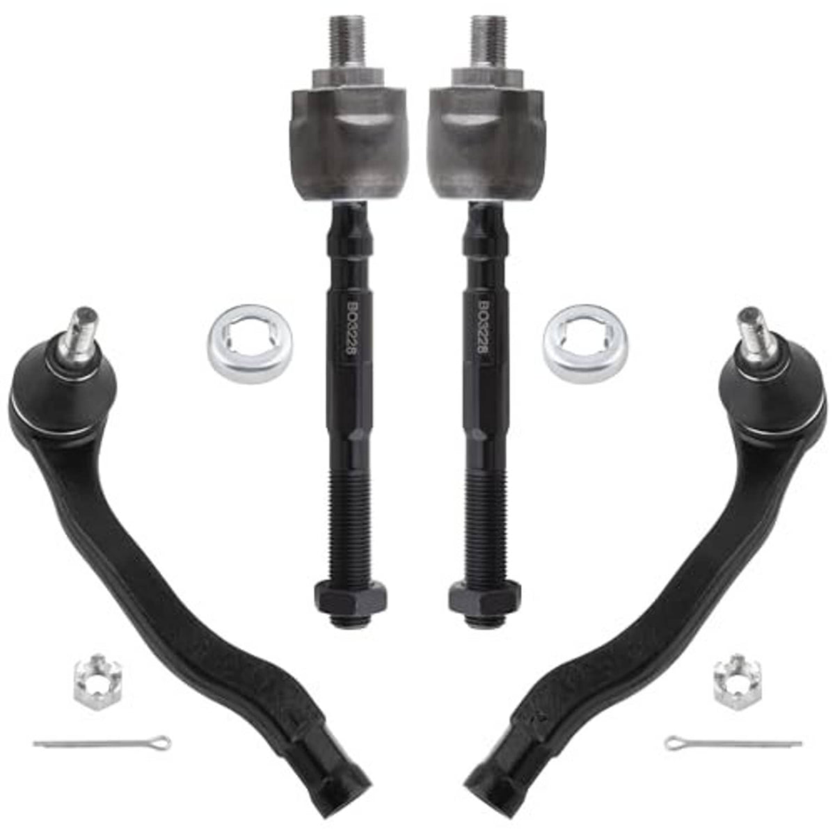 Front tie rod end set with two black arms, silver joints, threaded bolts, washers, hex nuts