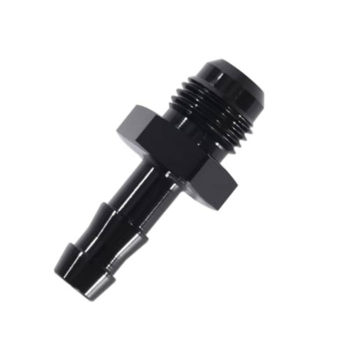 Dark hose fitting adapter with straight shank, flared inlet, and hose-barb outlet