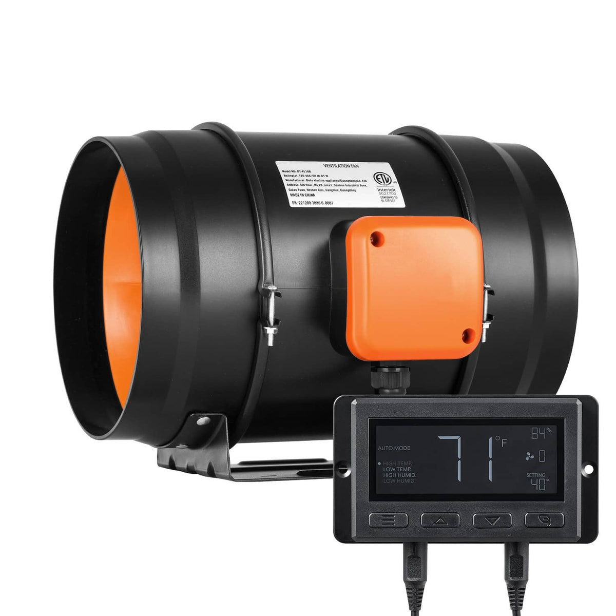 Inline duct fan blower with orange control module and front controller screen