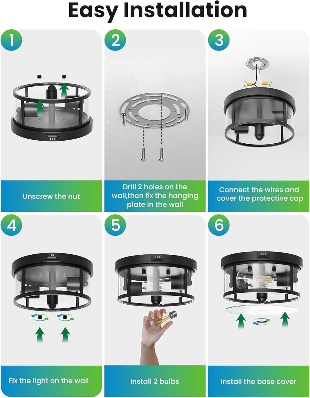 Outdoor ceiling light easy installation with wiring and mounting shown