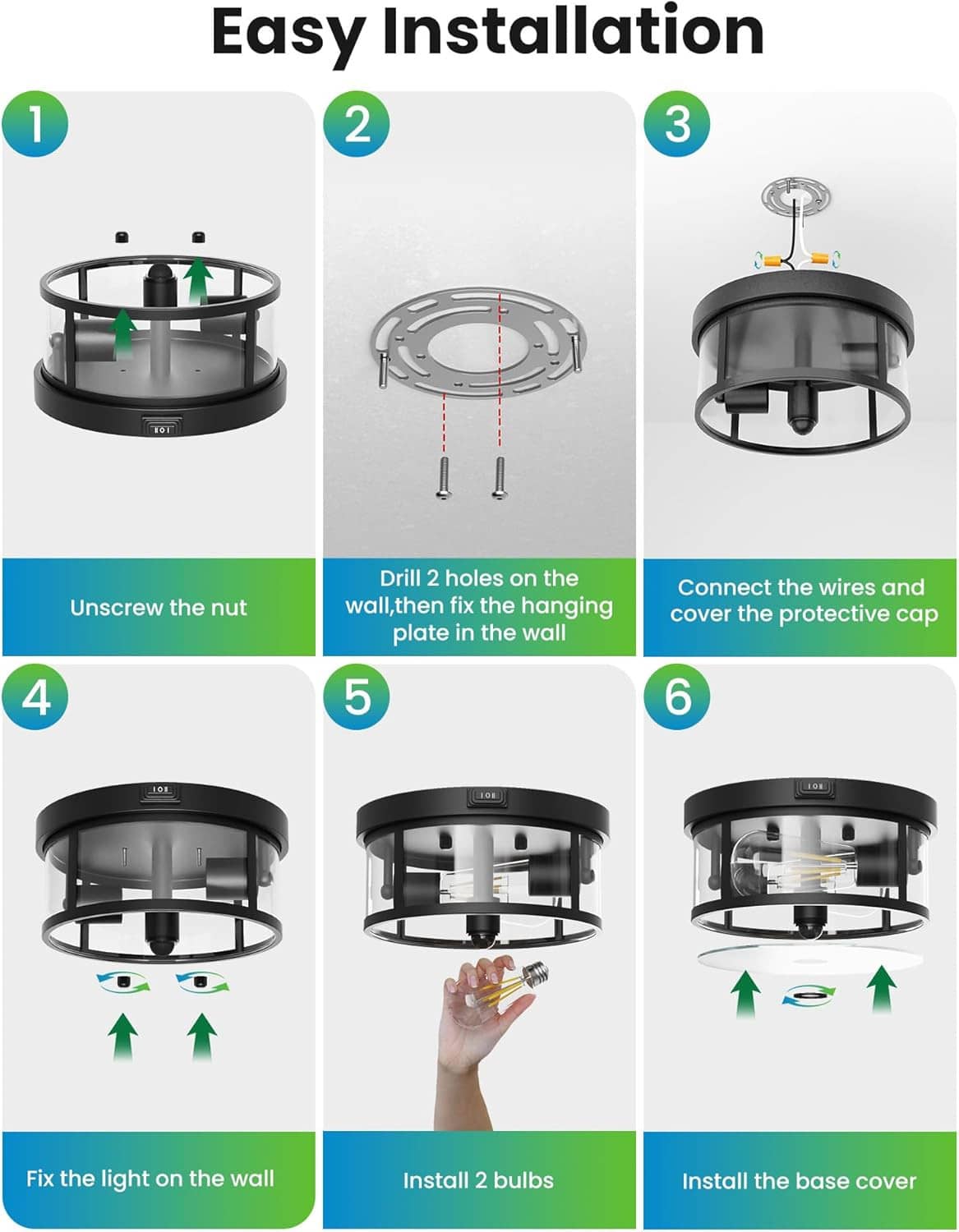 Outdoor ceiling light easy installation with wiring and mounting shown