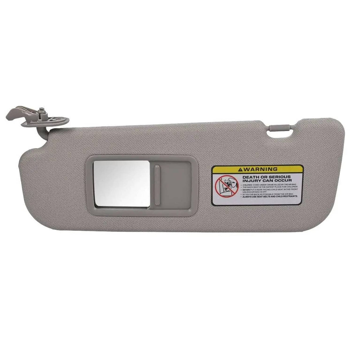 Grey sun visor with vanity mirror and warning label panel, mounted clip bracket