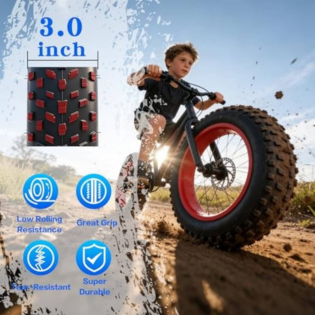 Fat bike wheel with knobby tread and red rim on an electric bike