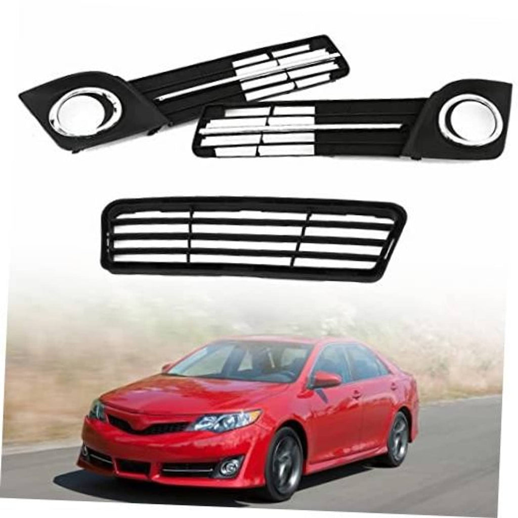Front bumper fog light grille cover set, black with chrome-ring openings and slats