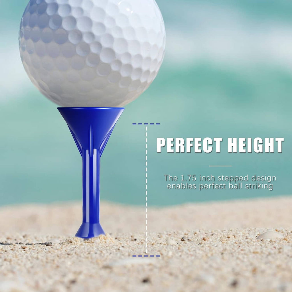 Blue plastic golf tee with stepped head, shown beside a white golf ball