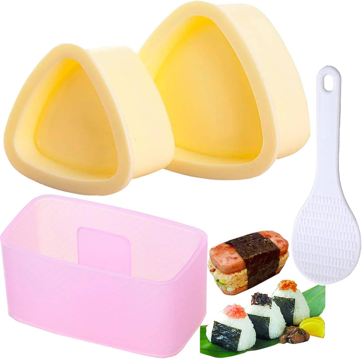 Triangular onigiri rice mold set with yellow triangle presses, pink base, and scoop