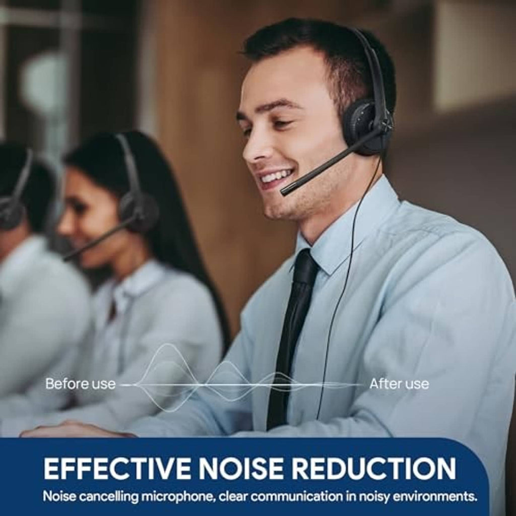 Call-center headset worn by a smiling operator with boom microphone