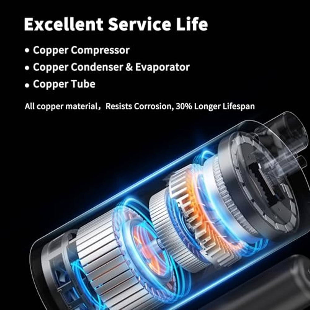 Portable air conditioner compressor and cooling components with blue-lit fan illustration