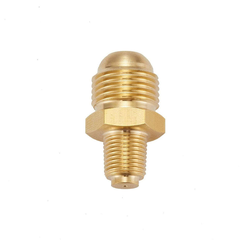 Brass propane orifice connector fitting with hex nut and flare-to-MNPT threads, front view