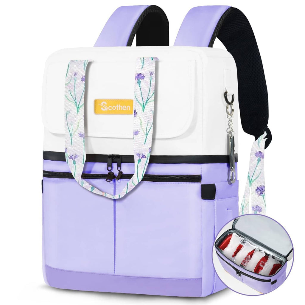 Light purple insulated backpack cooler with front flap organizer and zip closure