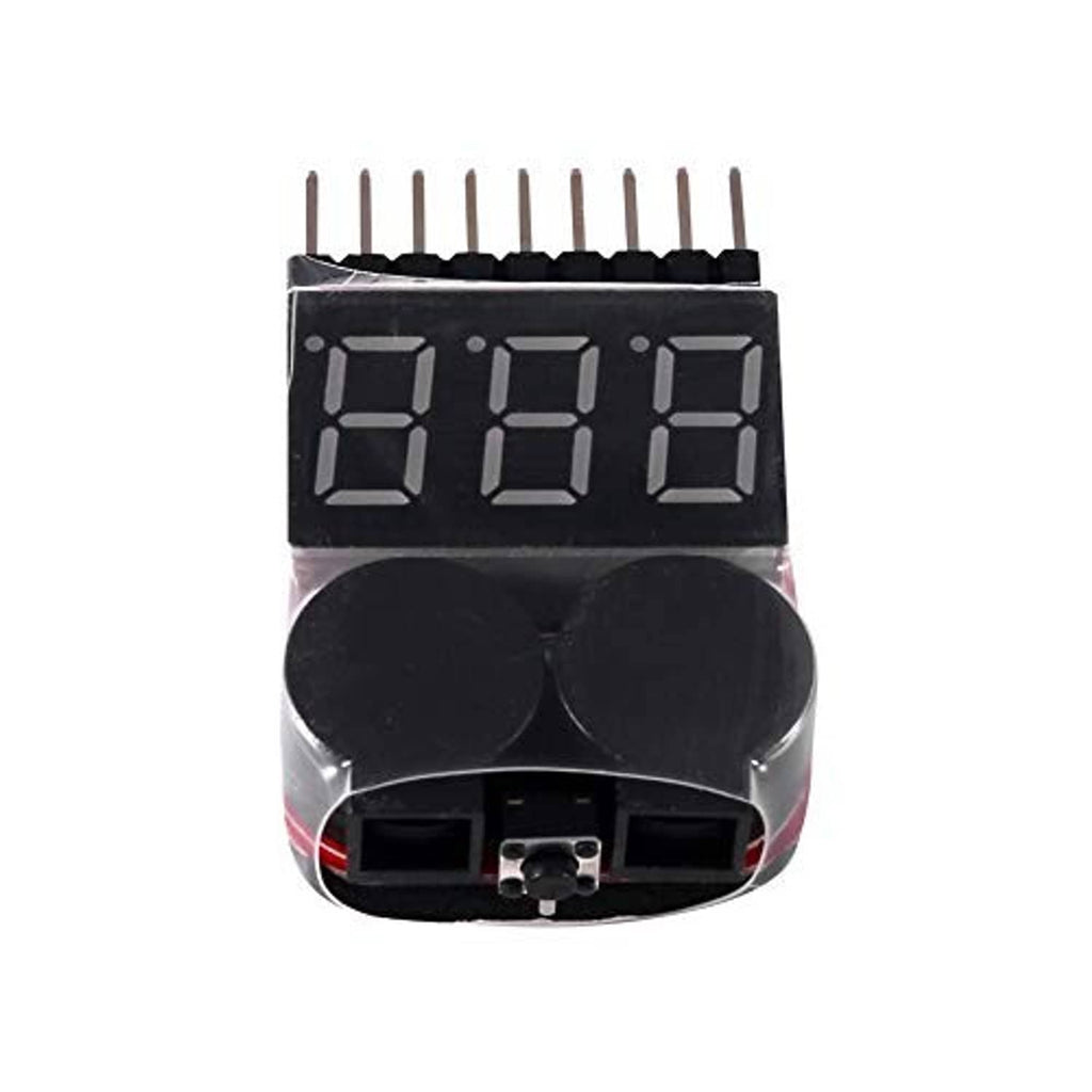Lipo battery voltage tester front view with large LED digits and pin connector