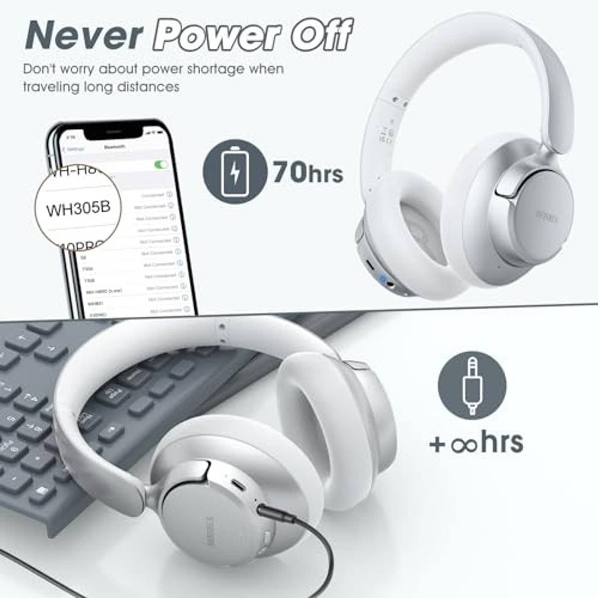 Silver over-ear wireless headphones with cushioned earcups and adjustable headband