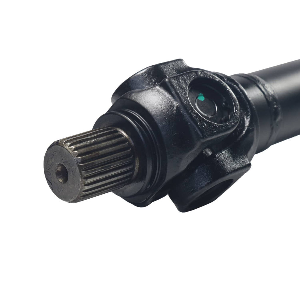 Front driveshaft yoke with splined end and rubber boot, dark metal finish