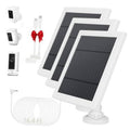 Three white solar panels with black cells, bases, and charging cable coil
