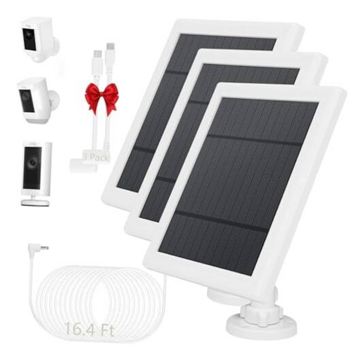 Three white solar panels with black cells, bases, and charging cable coil