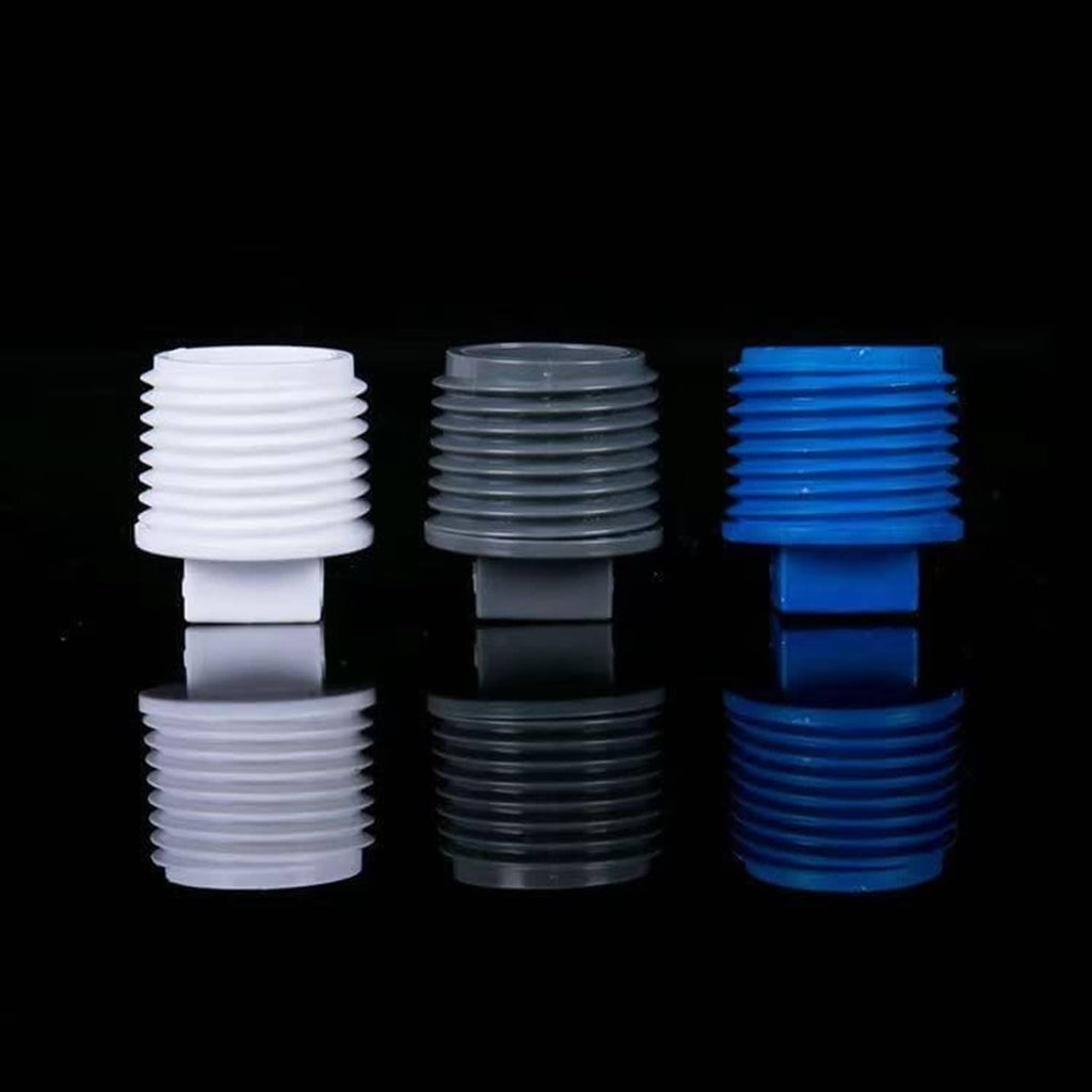 Assorted PVC male threaded plug caps in white, gray, and blue colors