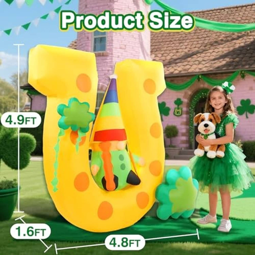 Inflatable yellow gnome yard decoration with rainbow hat, green clovers, and size markers