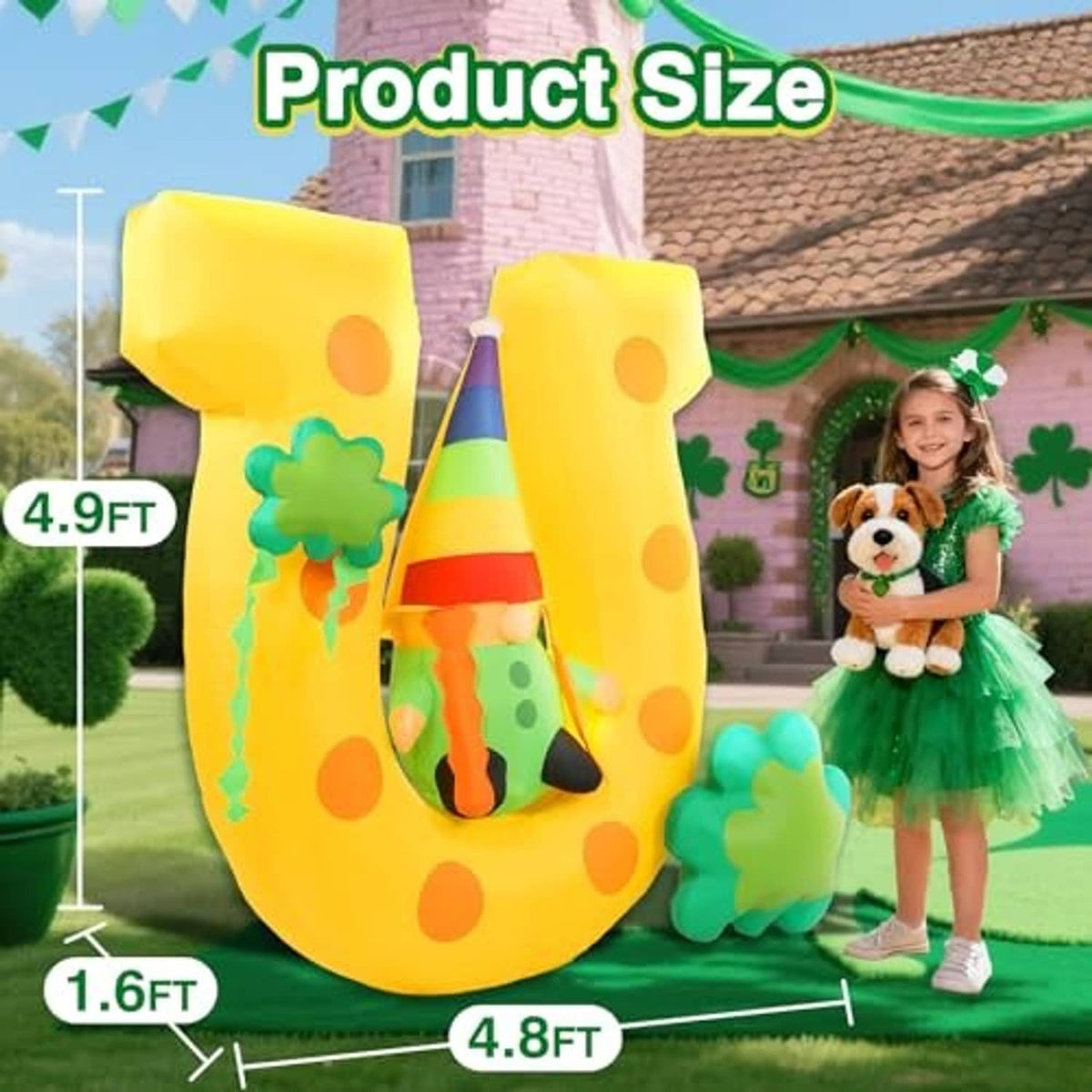 Inflatable yellow gnome yard decoration with rainbow hat, green clovers, and size markers