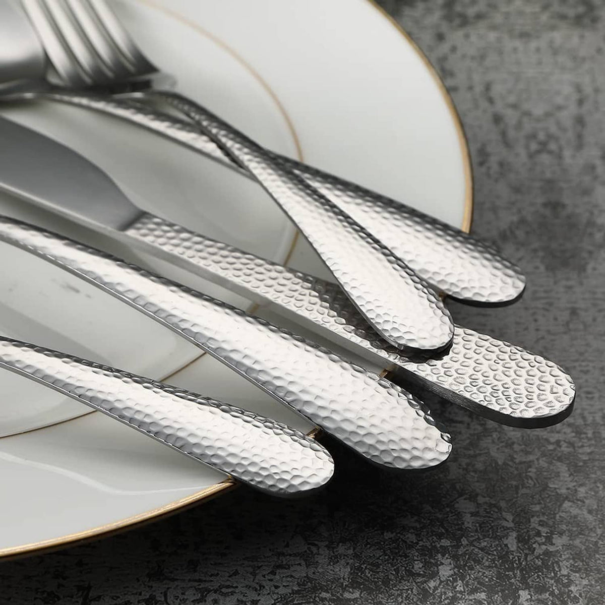 Hammered stainless steel table knife and forks, silver finish