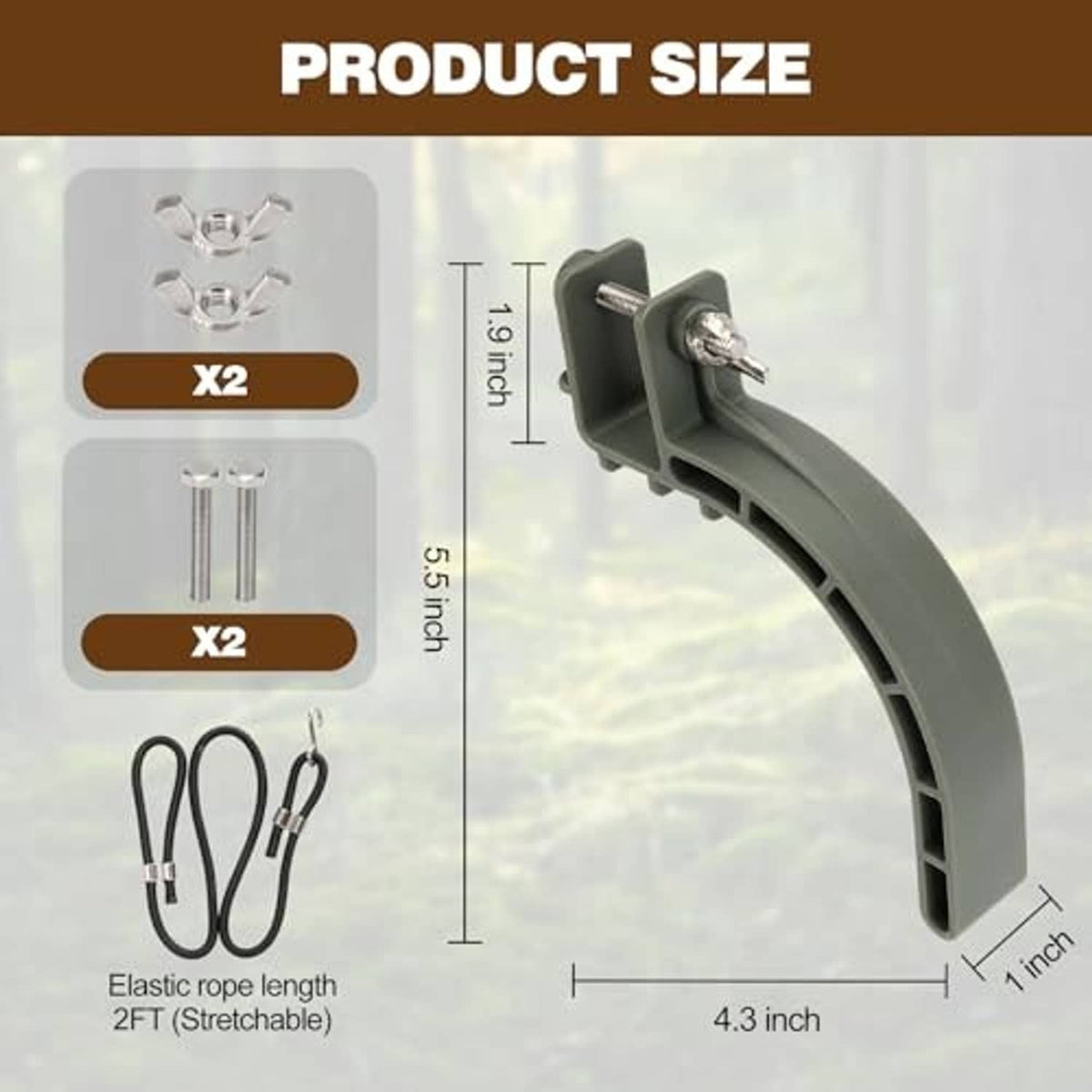 Gray climbing stirrup with hook and elastic rope, shown with size dimensions