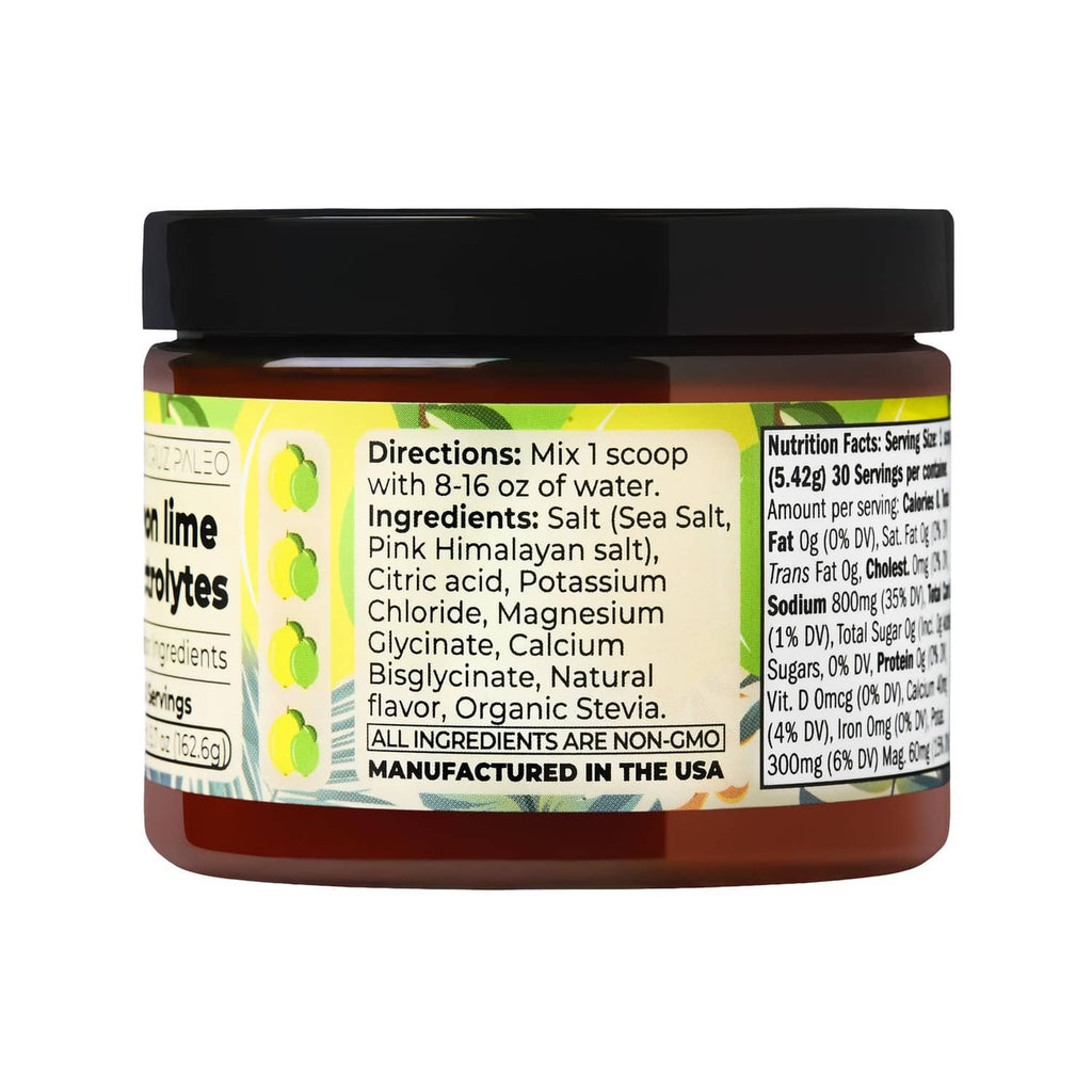 Santa Cruz Paleo lemon lime electrolyte powder jar with directions panel