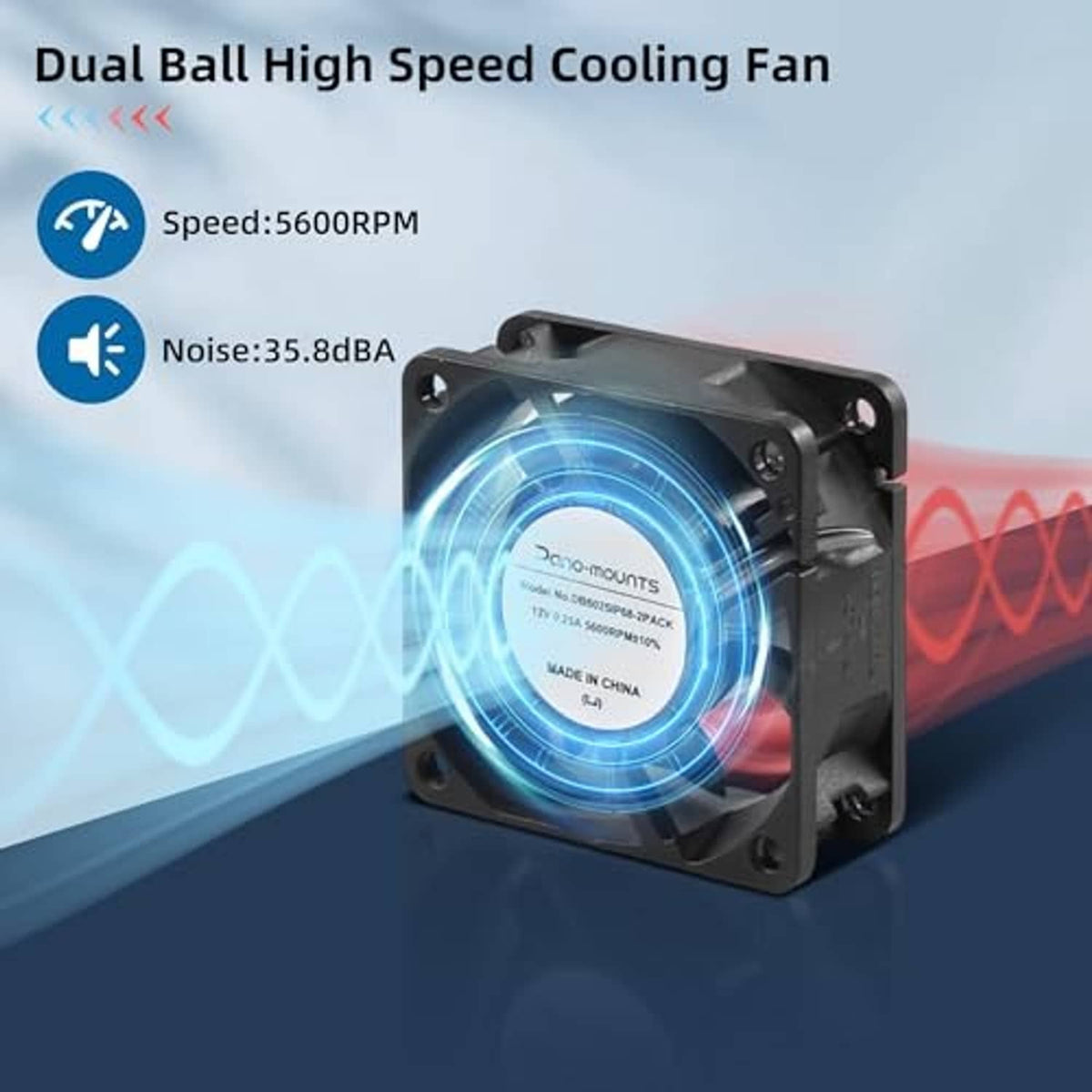 Black square 60mm cooling fan with blue LED glow, dual-ball bearing