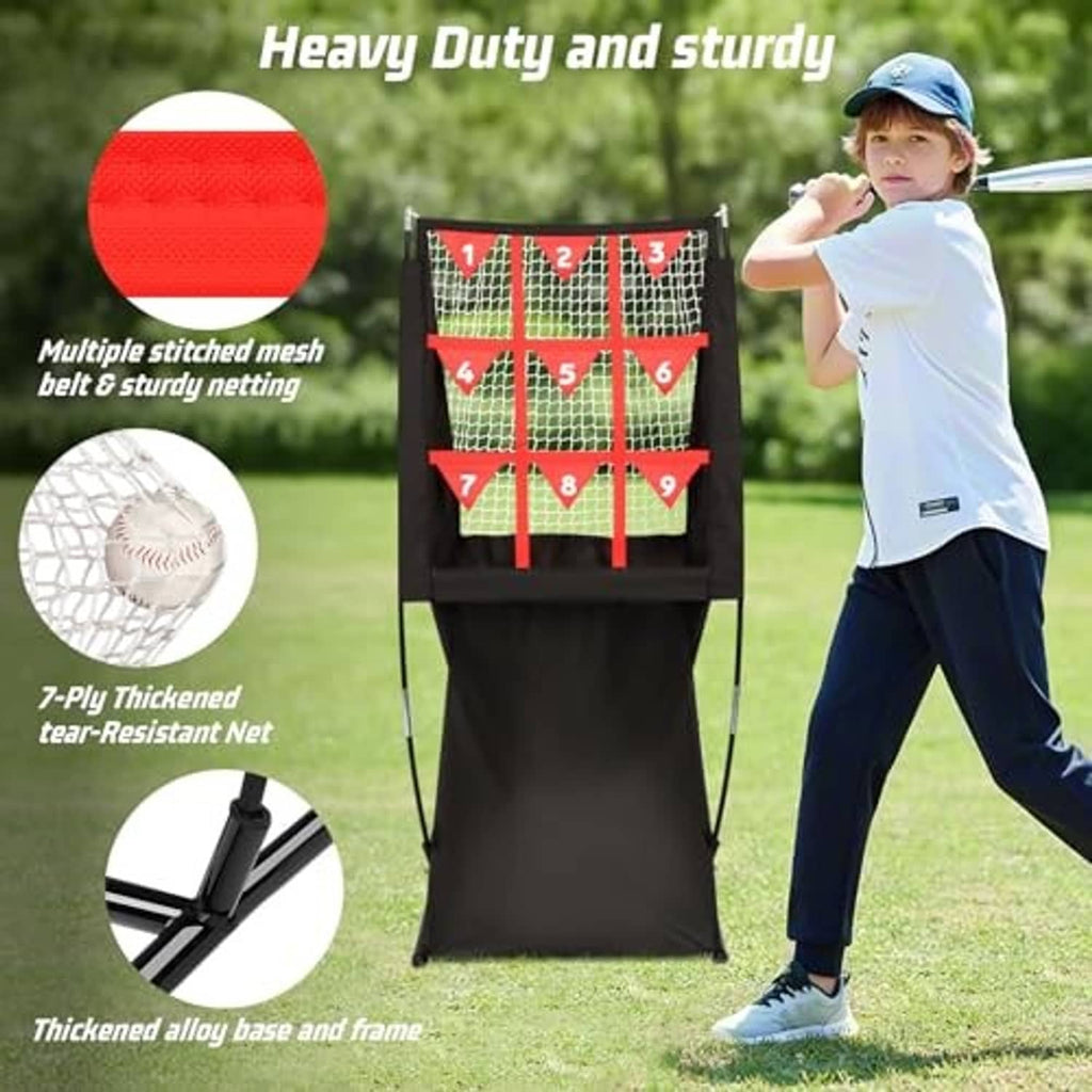 Sturdy black pitching net with red numbered target pockets and thick mesh construction