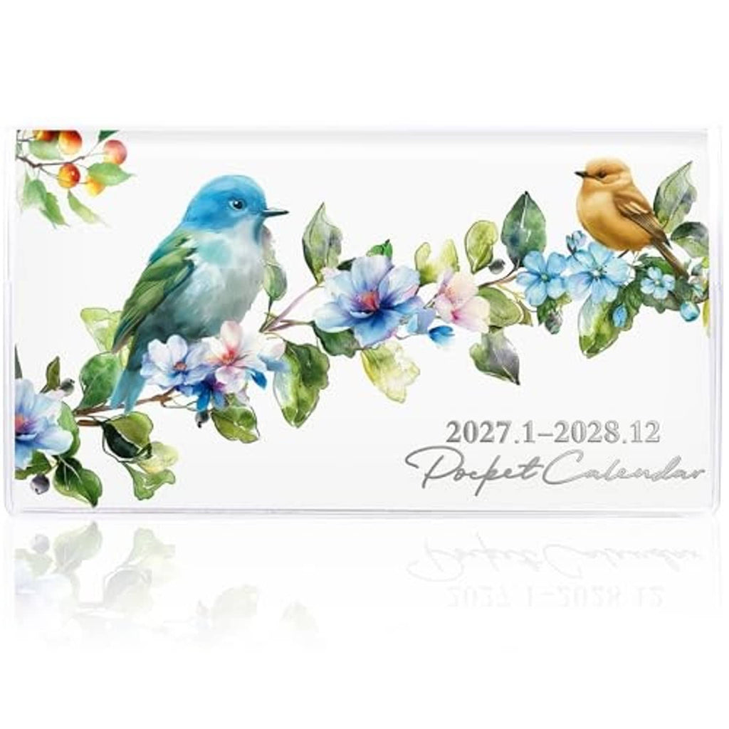 Pocket calendar cover with bird pair, blue blossoms, and PocketCalendar date range
