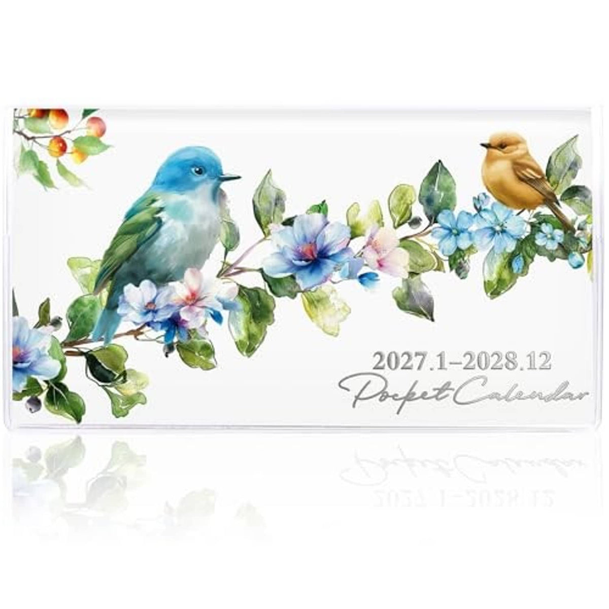 Pocket calendar cover with bird pair, blue blossoms, and PocketCalendar date range