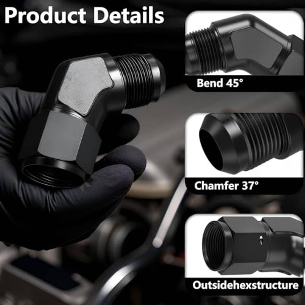 Black 45-degree AN elbow swivel fitting adapter with chamfered edges and crisp thread detail