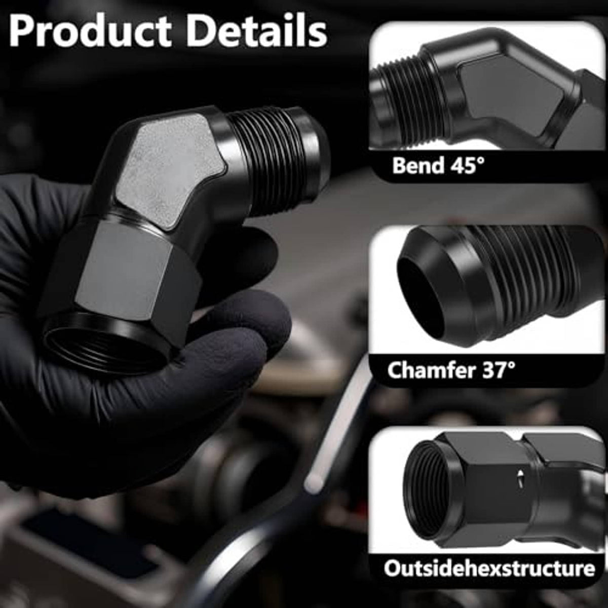Black 45-degree AN elbow swivel fitting adapter with chamfered edges and crisp thread detail
