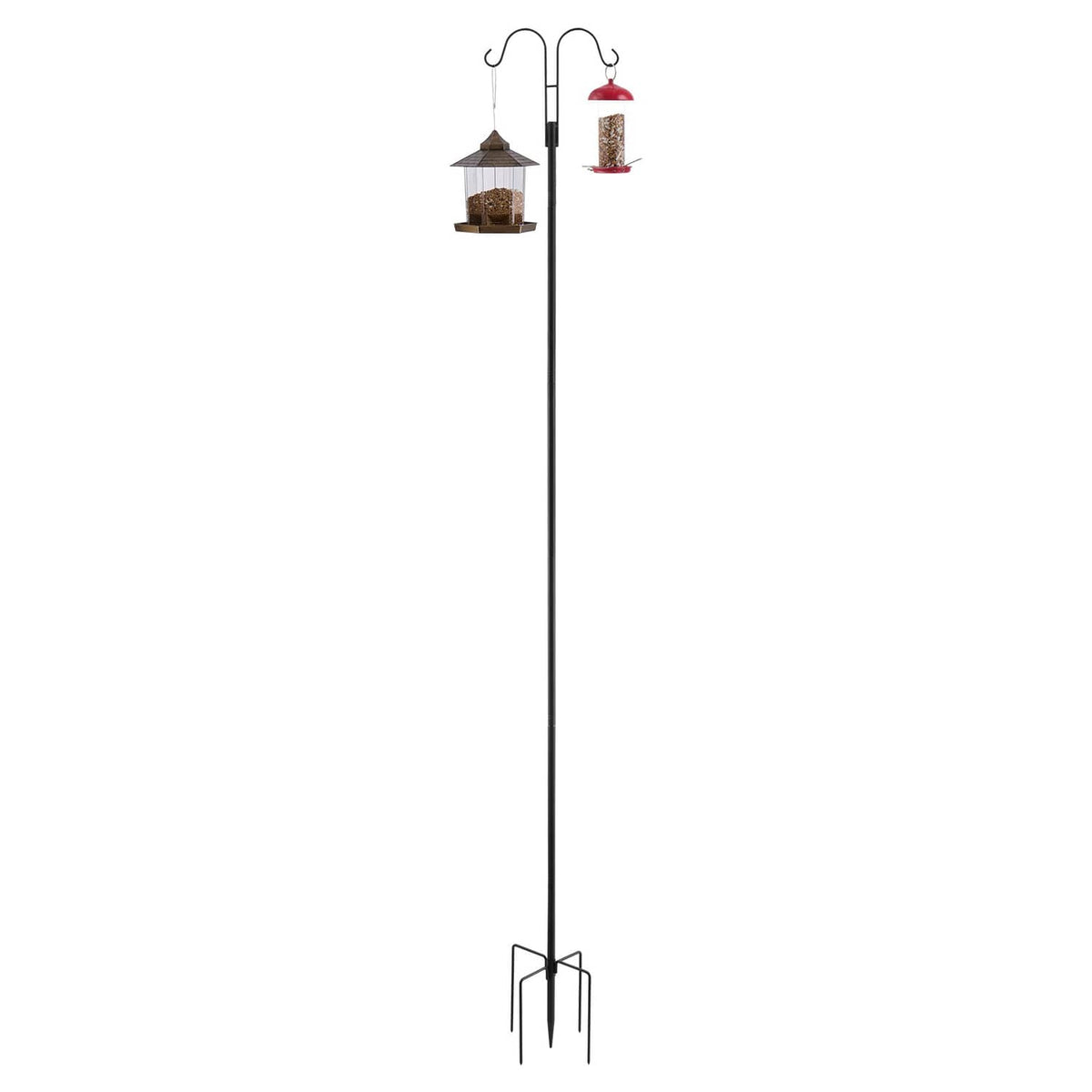 Black double-hook shepherds hook pole holding two bird lantern feeders
