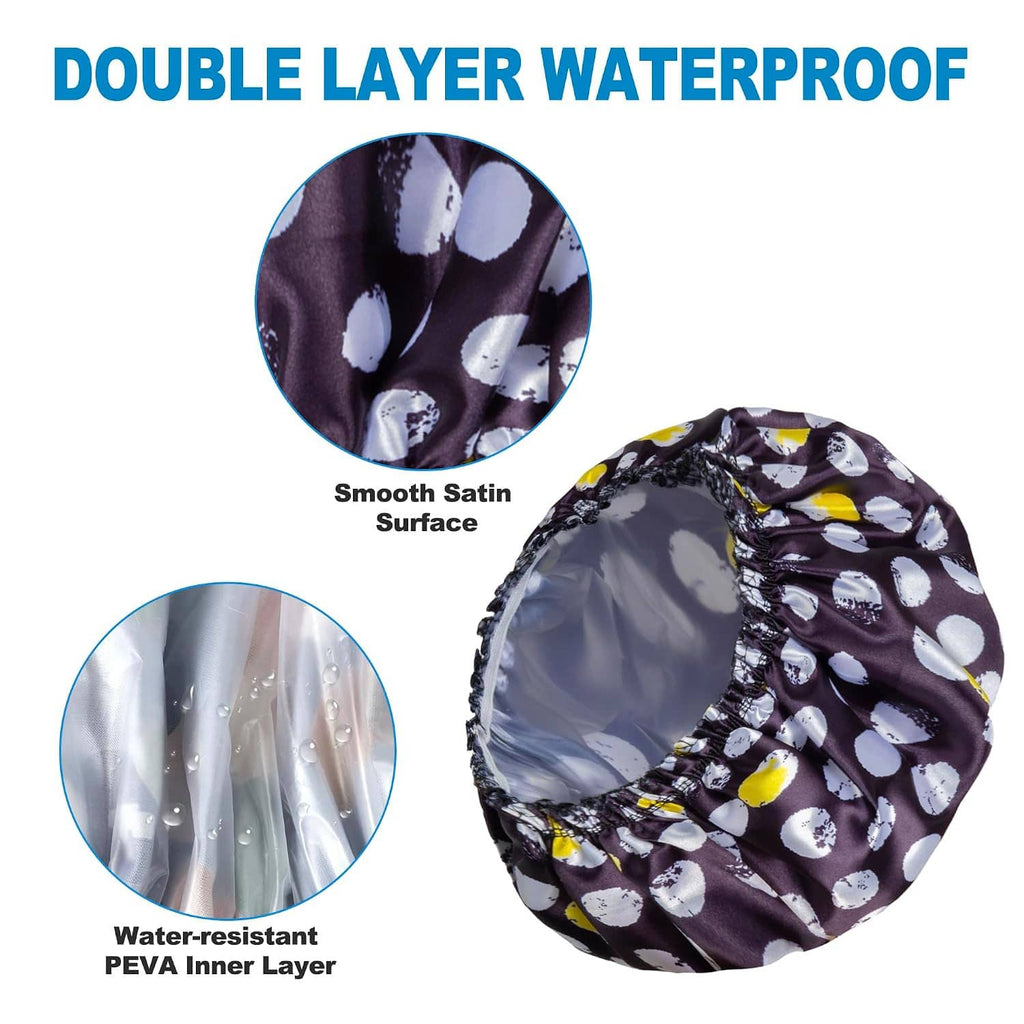 Double-layer waterproof shower cap, smooth satin outer and water-resistant PEVA inner layer