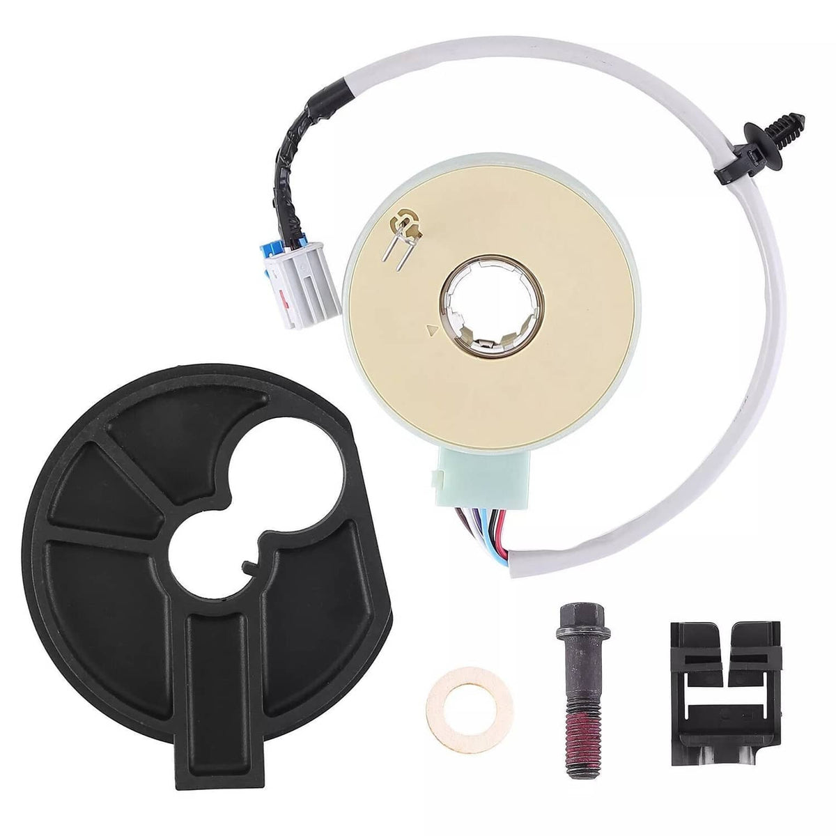 Round beige power steering torque sensor module with wiring harness and black mounting parts