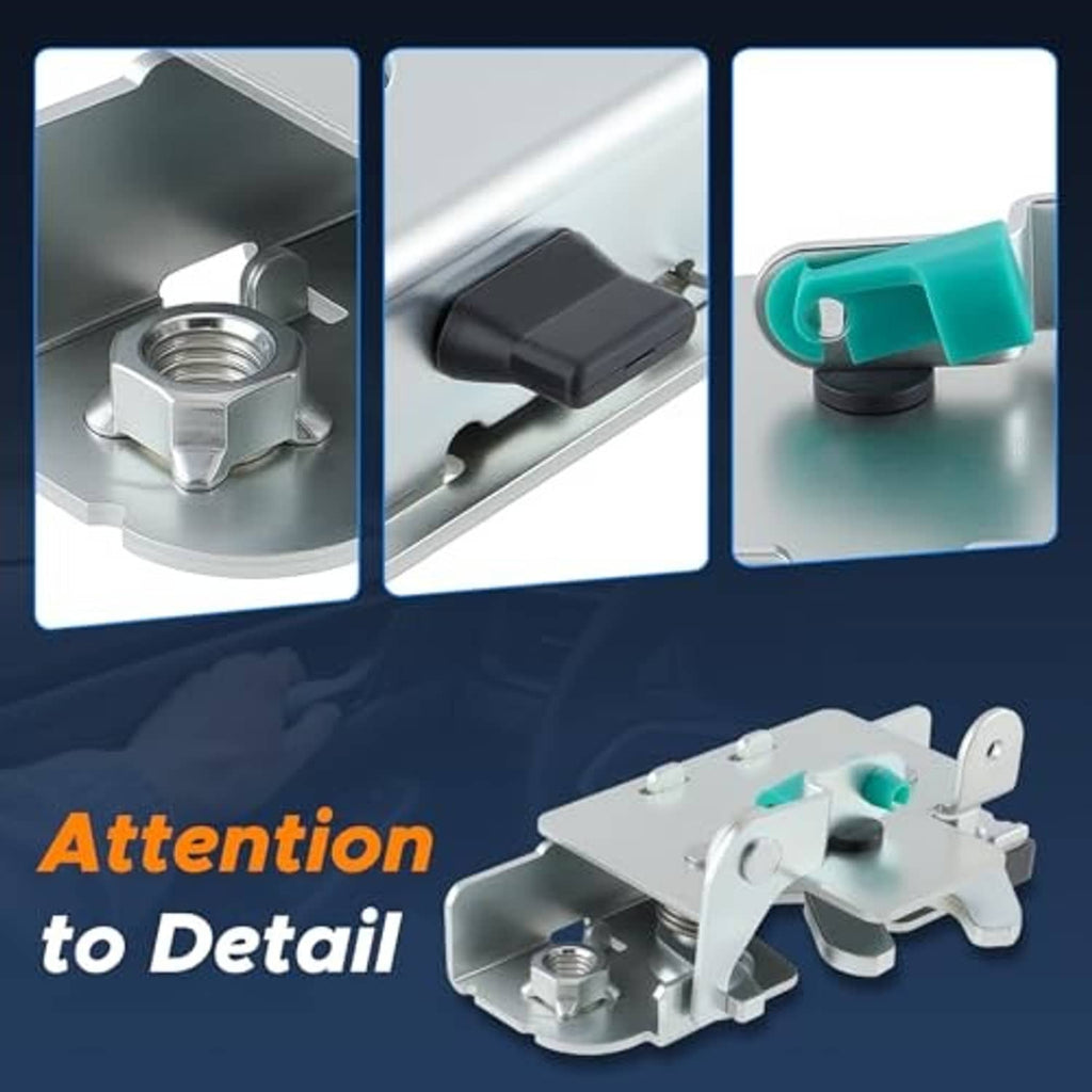 Tailgate latch detail, light gray bracket with teal insert and threaded fastener