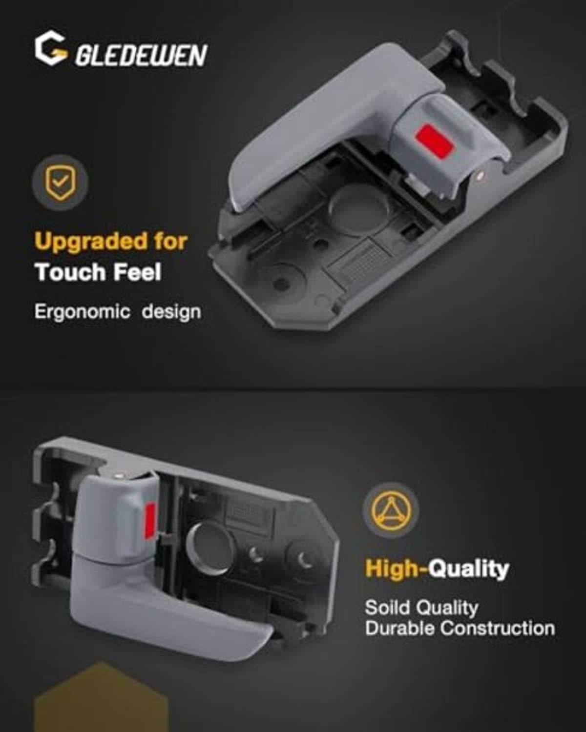 Gray interior door handle with red insert and ergonomic lever