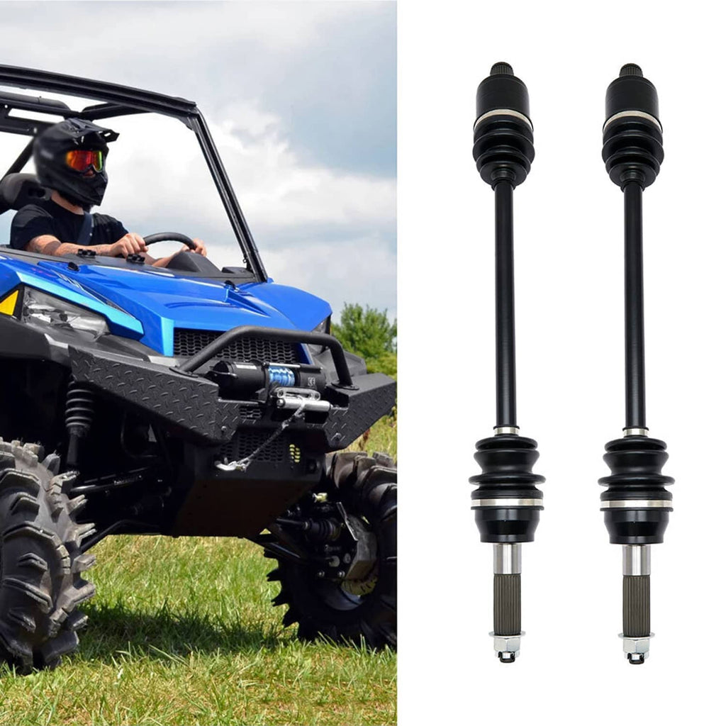 Rear CV axle shafts with black boots shown on a utility vehicle