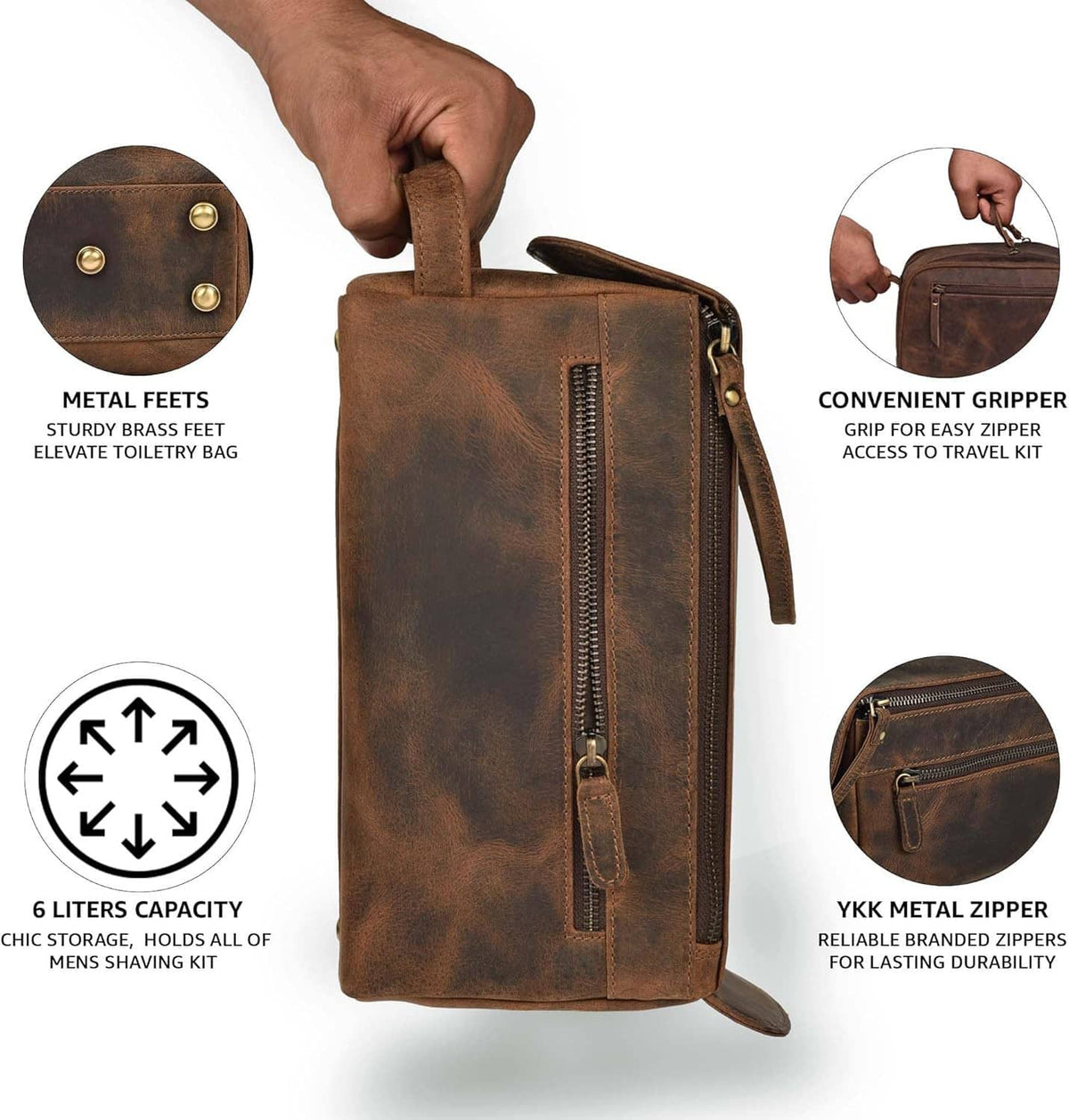 Brown leather toiletry bag with zip front pocket and reinforced strap handles