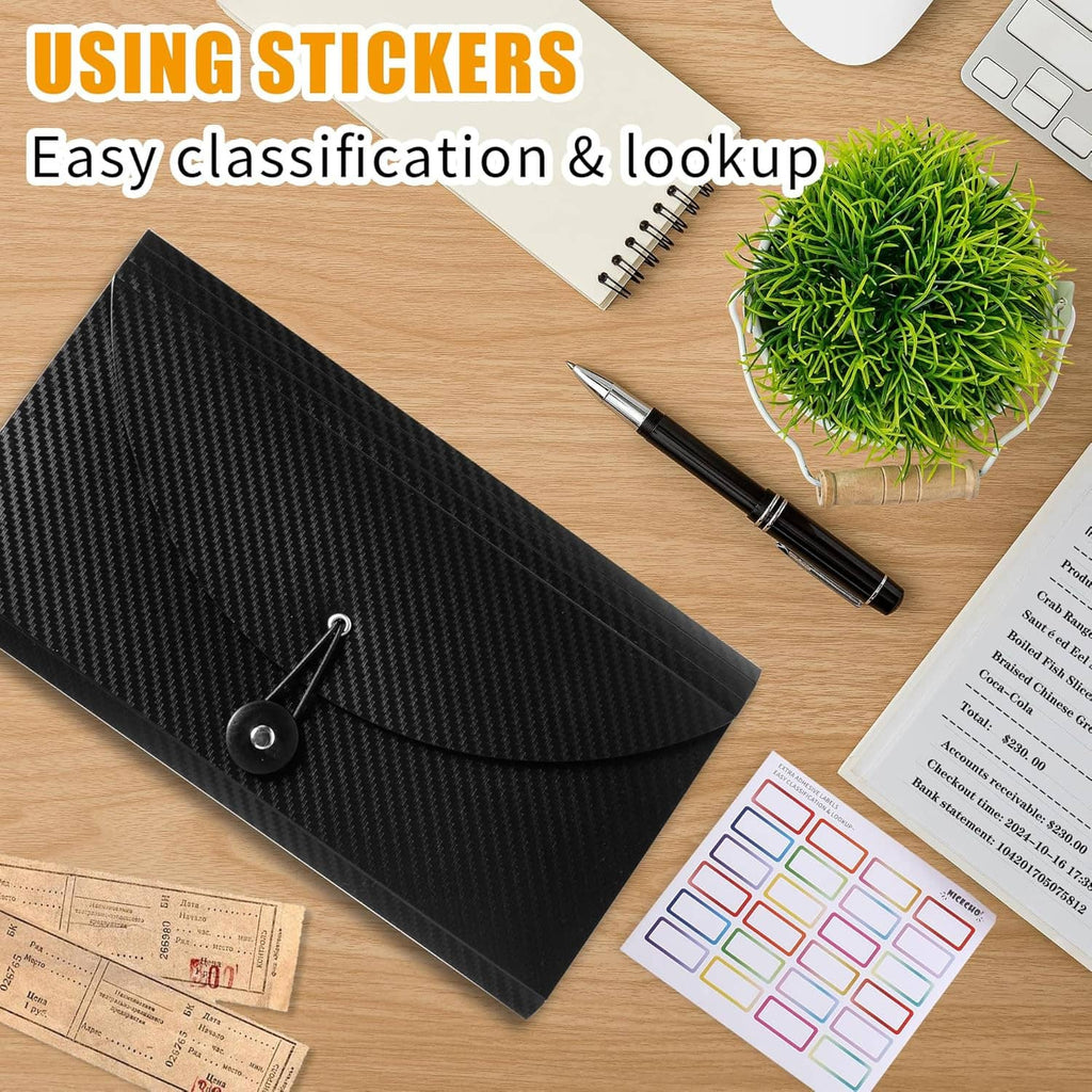 Black carbon-fiber accordion file organizer on wood with receipt coupons and sticker labels