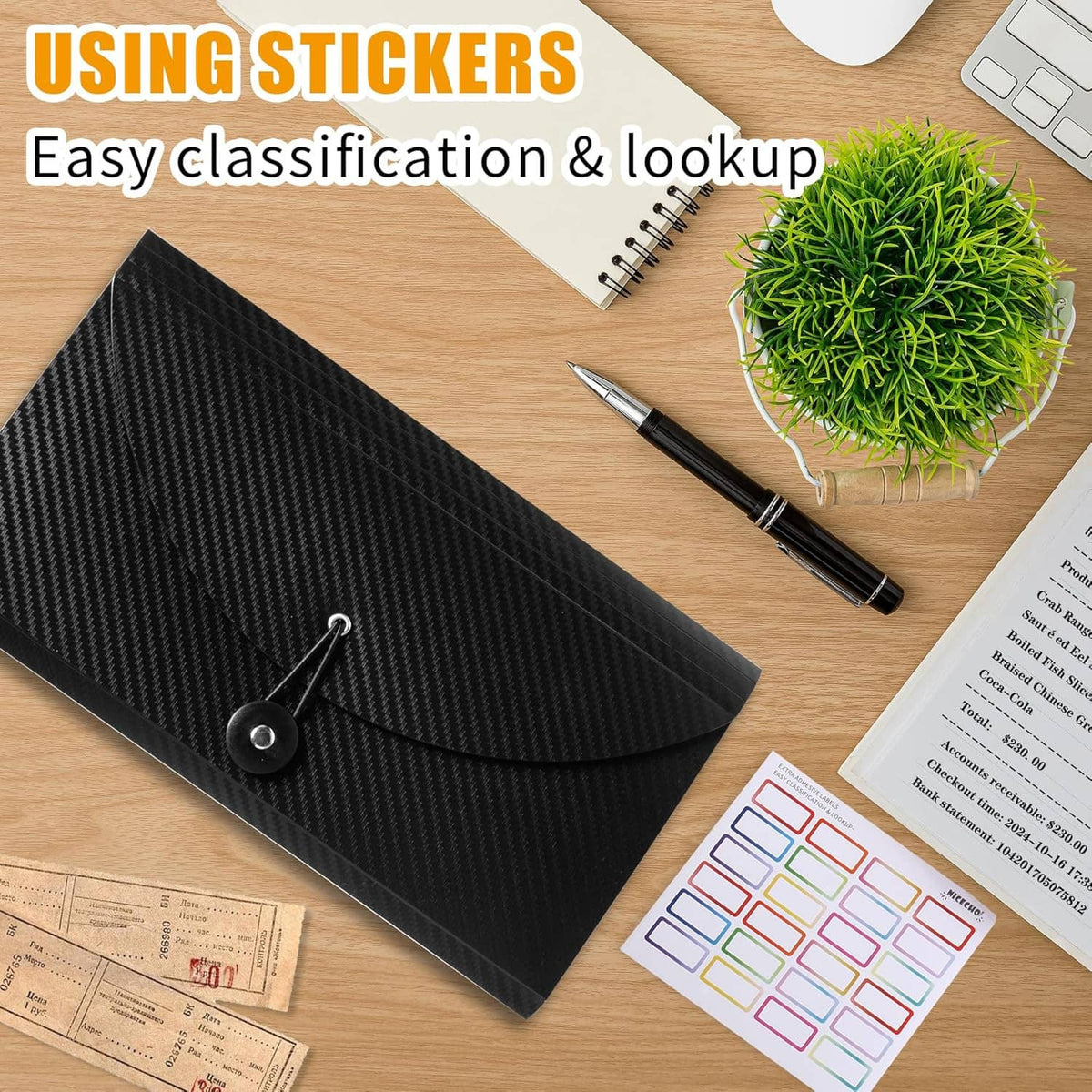 Black carbon-fiber accordion file organizer on wood with receipt coupons and sticker labels