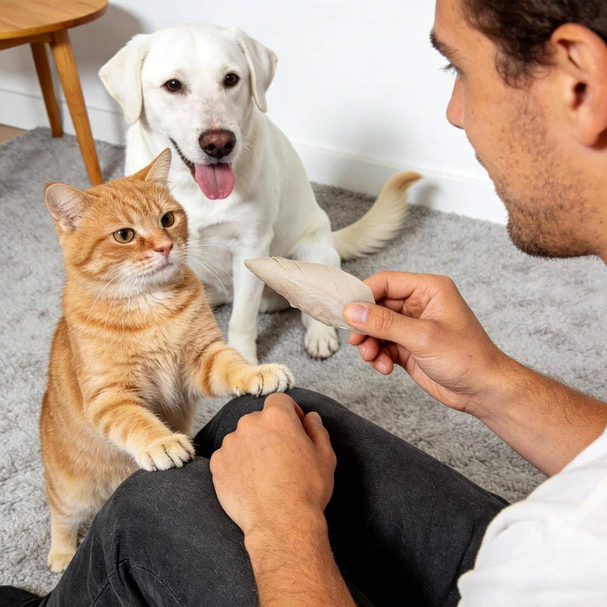 Freeze-dried chicken breast strip offered to a dog and cat