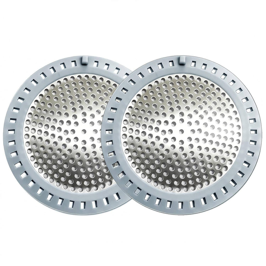 Two-piece round shower drain hair catcher strainers, silver mesh with slotted rim