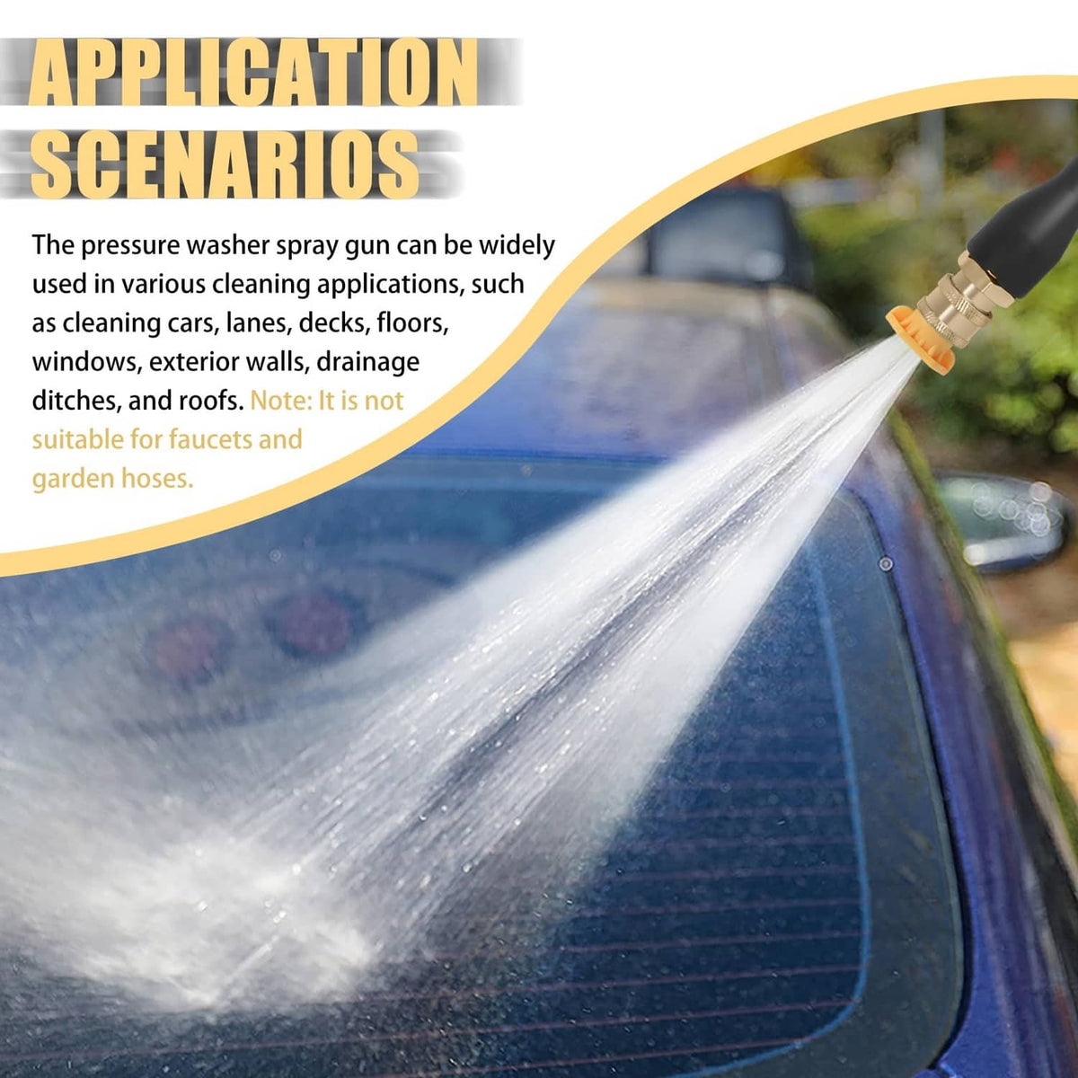 Black pressure washer spray gun projecting a high-pressure water stream