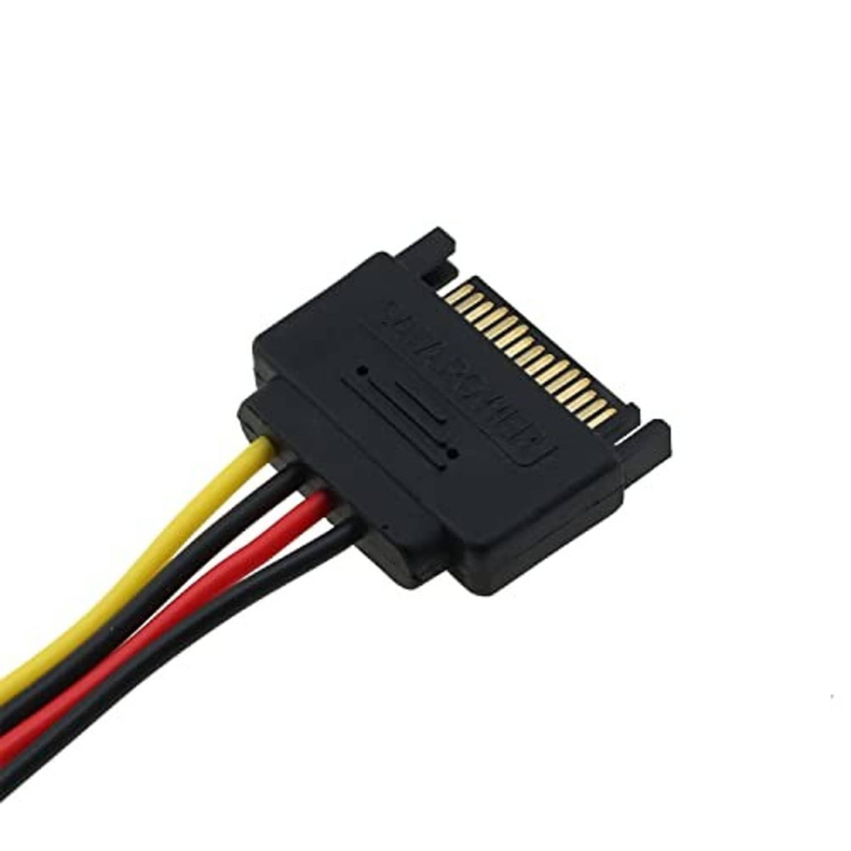 Close-up SATA 15-pin male connector with attached yellow, red, black, and white wires