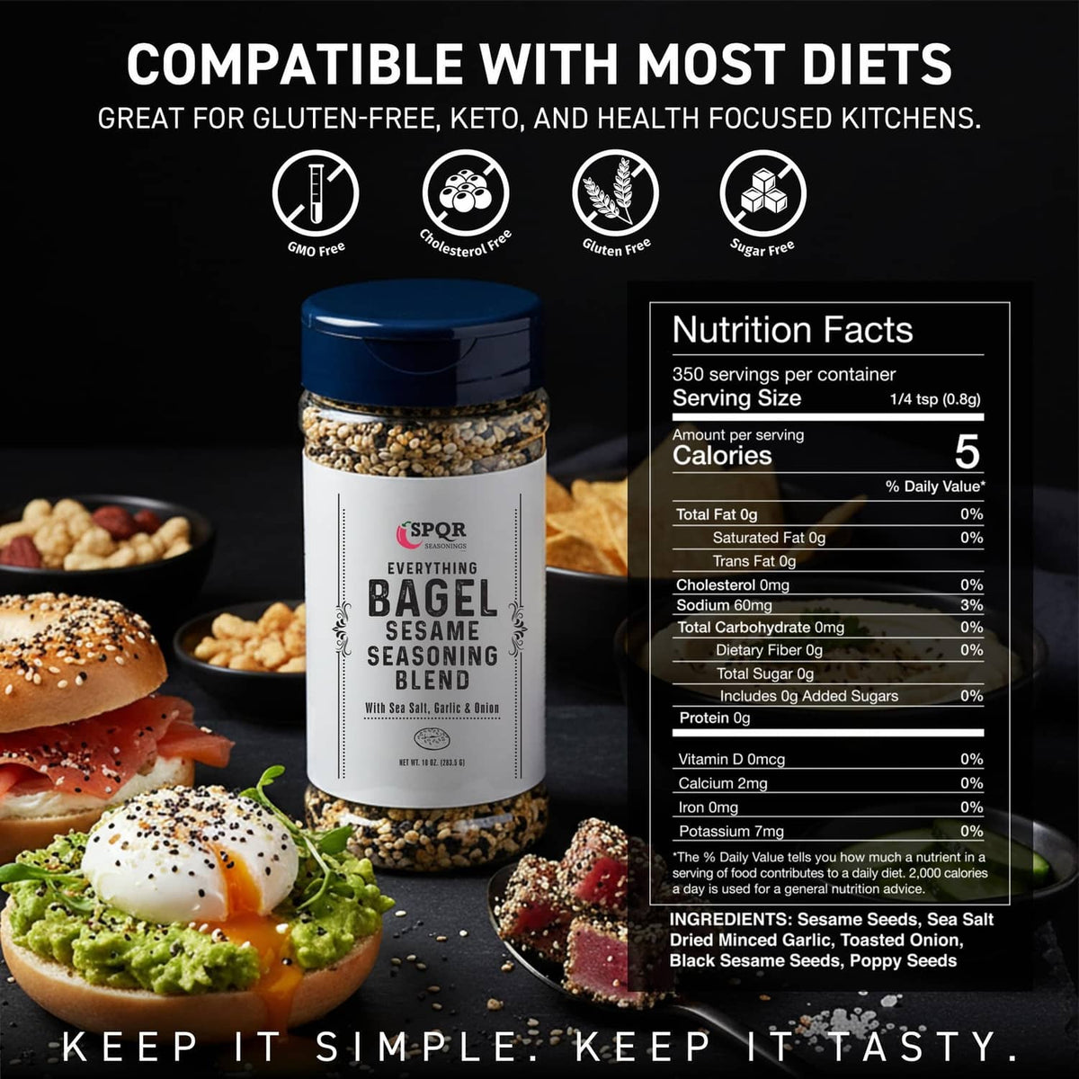 Everything bagel seasoning jar with nutrition facts panel and serving information