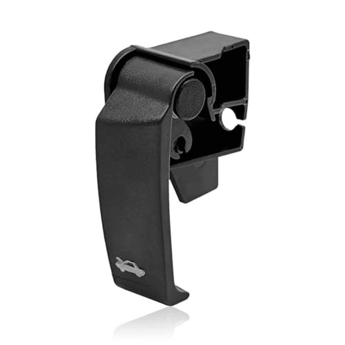 Black hood latch release pull handle with latch tab and side mounting clip